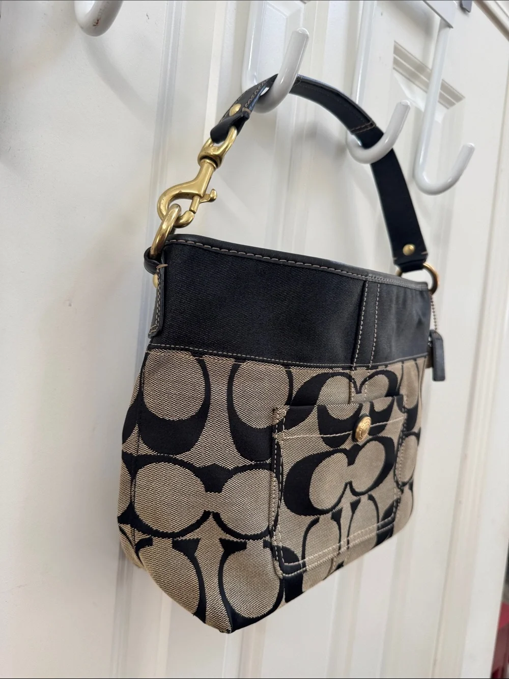 Coach Black and Khaki Signature Canvas Shoulder Bag